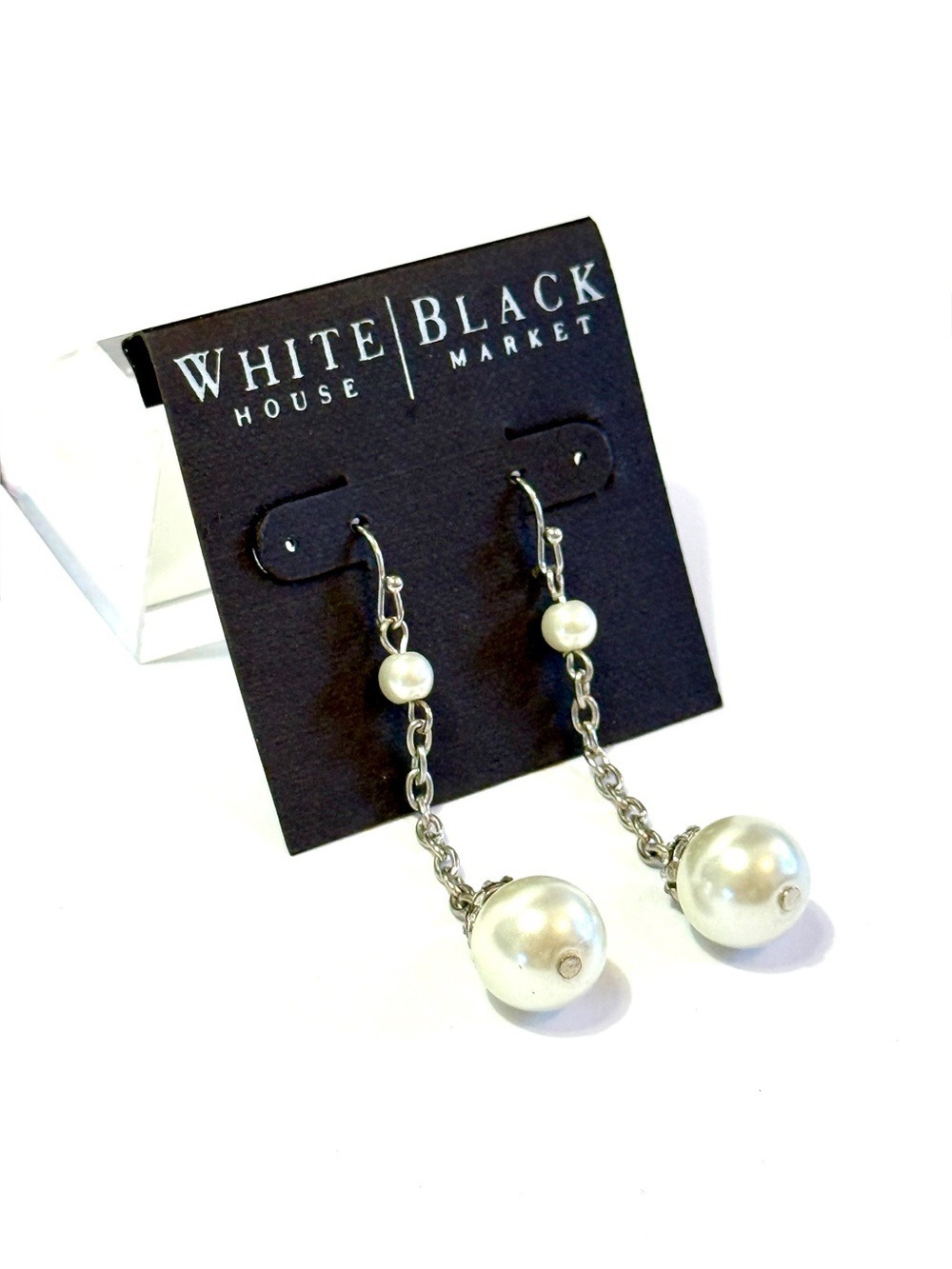 White House Black Market Pearl Drop Earrings Silver Tone